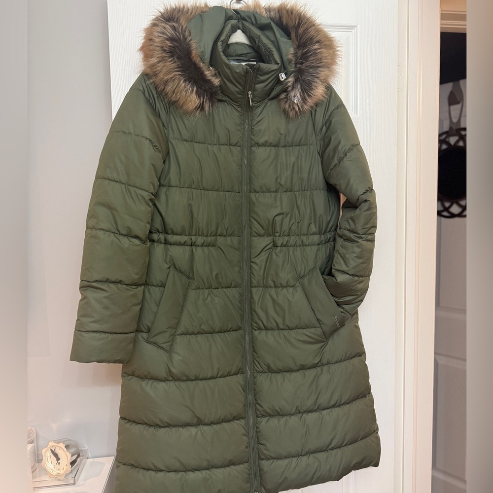 Barbour Olive Puffer Coat with Faux Fur Hood